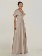 KissDress-Nira Frost A Line Chiffon Cap Sleeves V Neck Long Bridesmaid Dress with Slit
