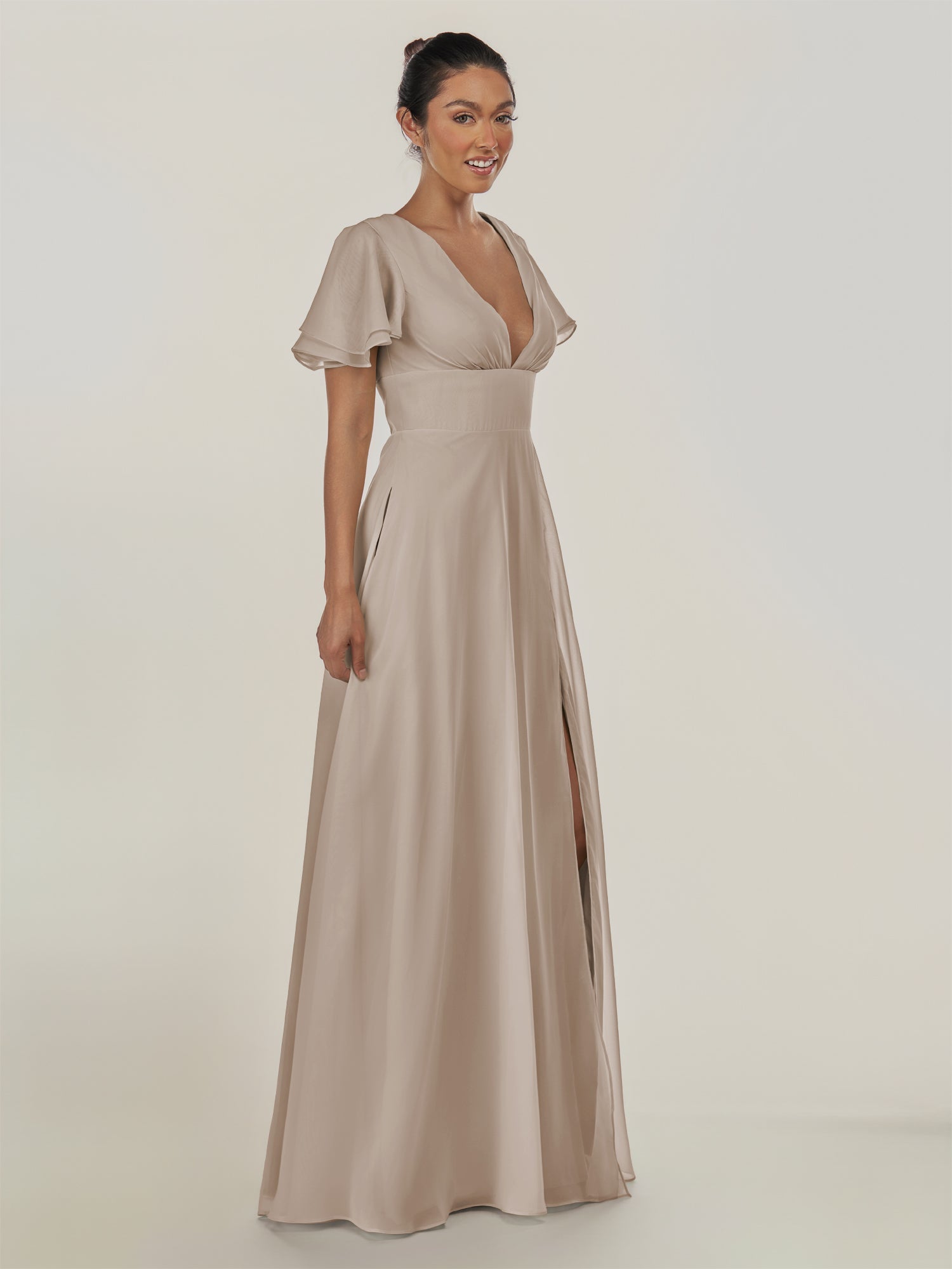 KissDress-Nira Frost A Line Chiffon Cap Sleeves V Neck Long Bridesmaid Dress with Slit