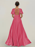 KissDress-Nira Fuchsia A Line Chiffon Cap Sleeves V Neck Long Bridesmaid Dress with Slit