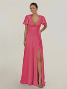 KissDress-Nira Fuchsia A Line Chiffon Cap Sleeves V Neck Long Bridesmaid Dress with Slit