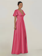 KissDress-Nira Fuchsia A Line Chiffon Cap Sleeves V Neck Long Bridesmaid Dress with Slit