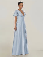 KissDress-Nira Ice A Line Chiffon Cap Sleeves V Neck Long Bridesmaid Dress with Slit