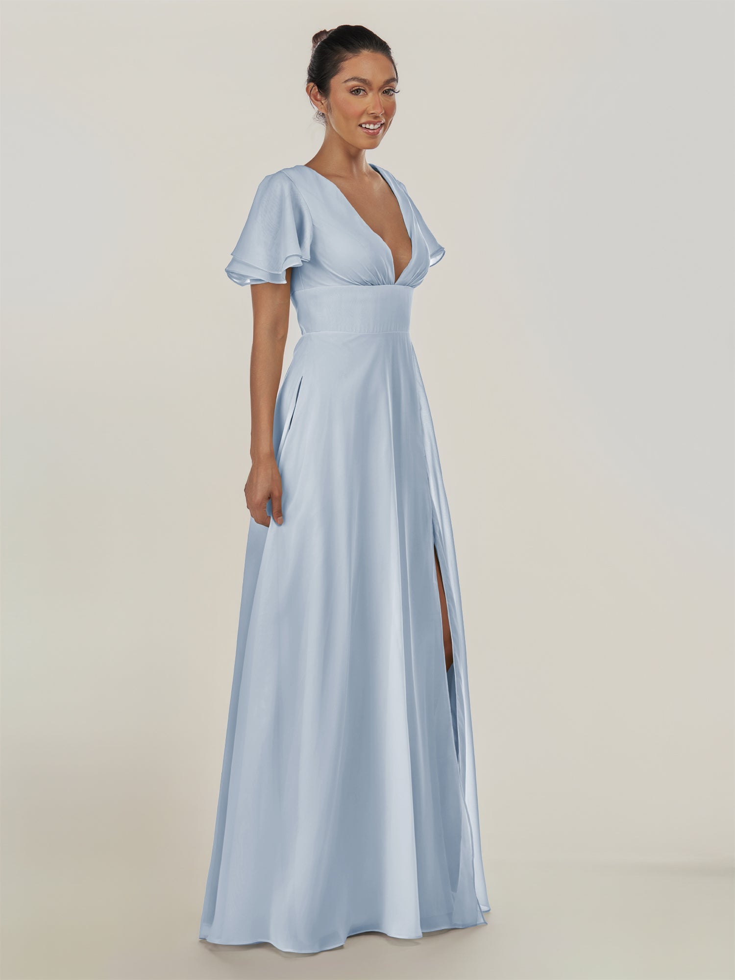 KissDress-Nira Ice A Line Chiffon Cap Sleeves V Neck Long Bridesmaid Dress with Slit