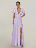 KissDress-Nira Lavender A Line Chiffon Cap Sleeves V Neck Long Bridesmaid Dress with Slit