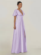 KissDress-Nira Lavender A Line Chiffon Cap Sleeves V Neck Long Bridesmaid Dress with Slit