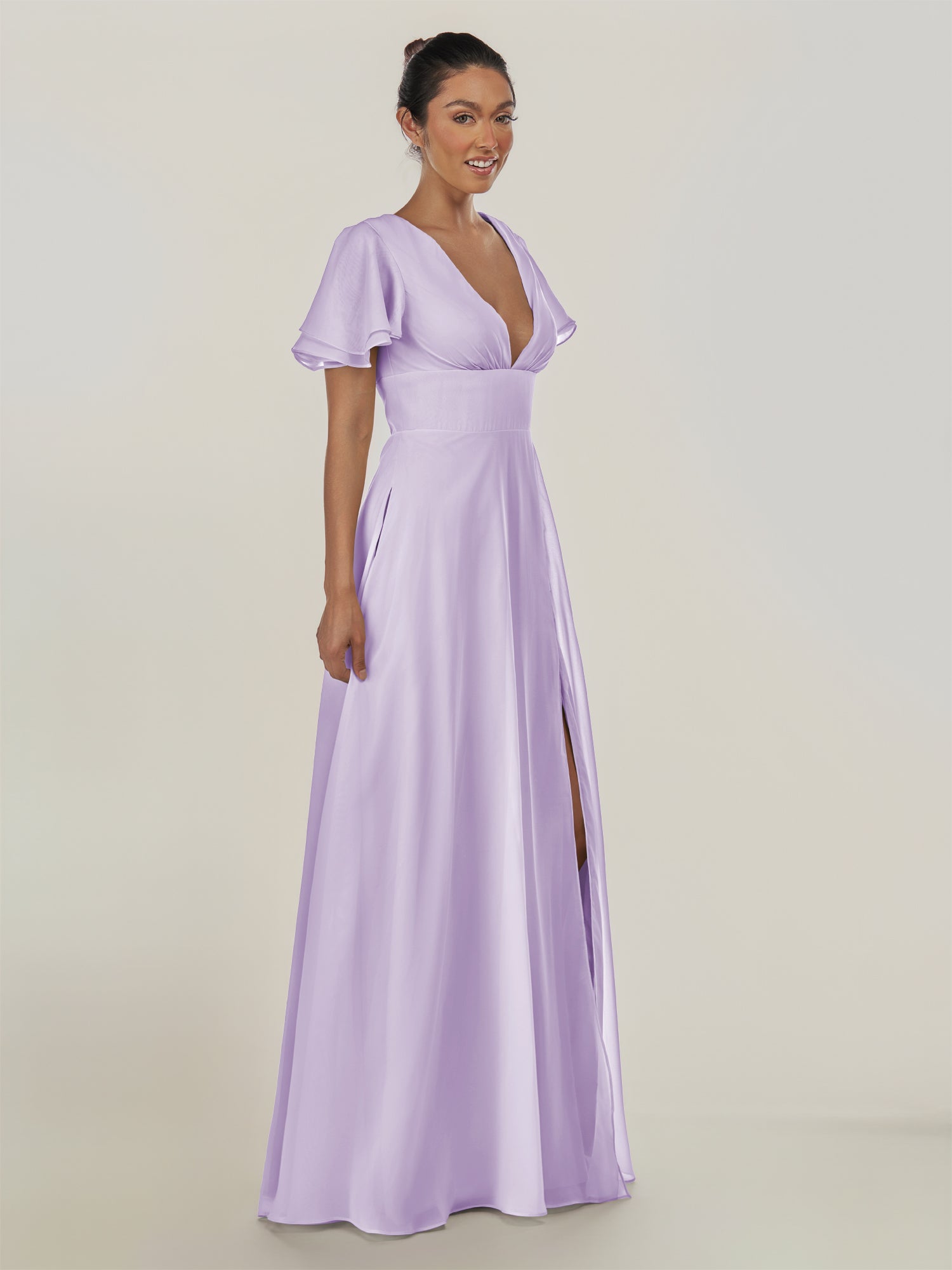 KissDress-Nira Lavender A Line Chiffon Cap Sleeves V Neck Long Bridesmaid Dress with Slit