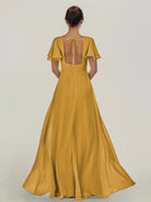 KissDress-Nira Marigold A Line Chiffon Cap Sleeves V Neck Long Bridesmaid Dress with Slit