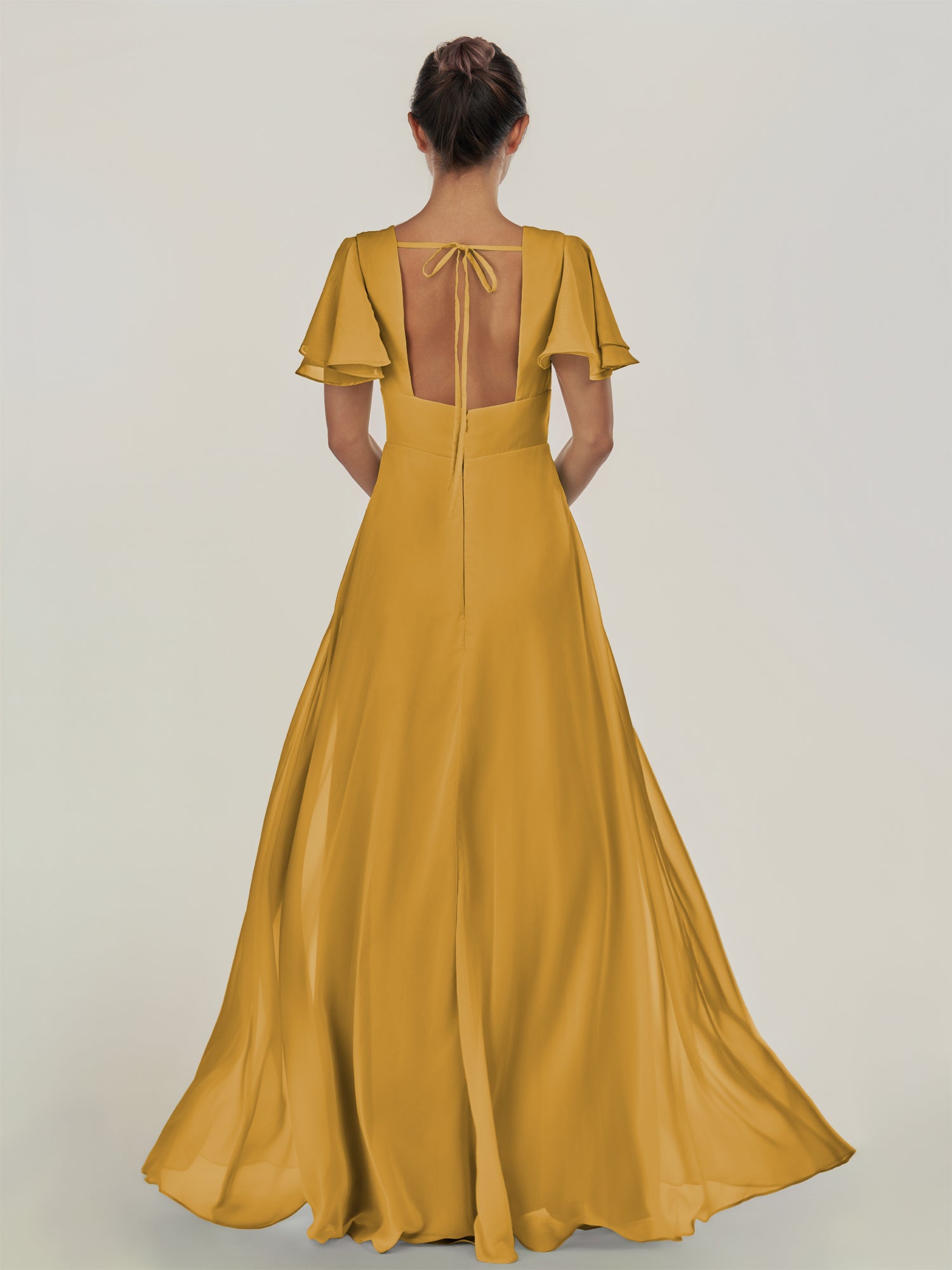 KissDress-Nira Marigold A Line Chiffon Cap Sleeves V Neck Long Bridesmaid Dress with Slit