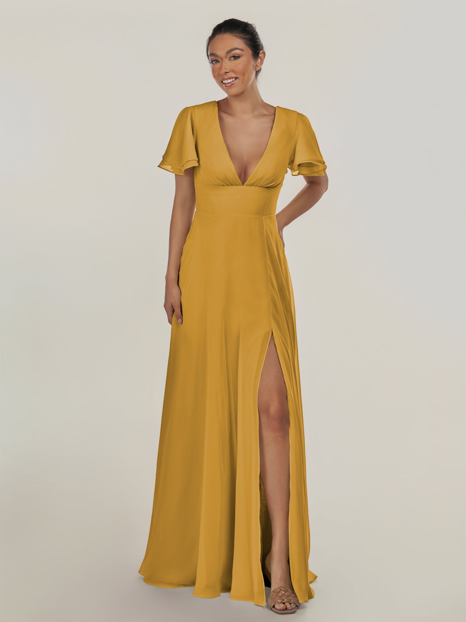 KissDress-Nira Marigold A Line Chiffon Cap Sleeves V Neck Long Bridesmaid Dress with Slit