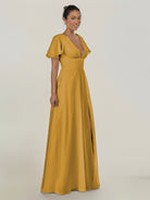 KissDress-Nira Marigold A Line Chiffon Cap Sleeves V Neck Long Bridesmaid Dress with Slit