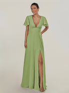 KissDress-Nira Matcha A Line Chiffon Cap Sleeves V Neck Long Bridesmaid Dress with Slit