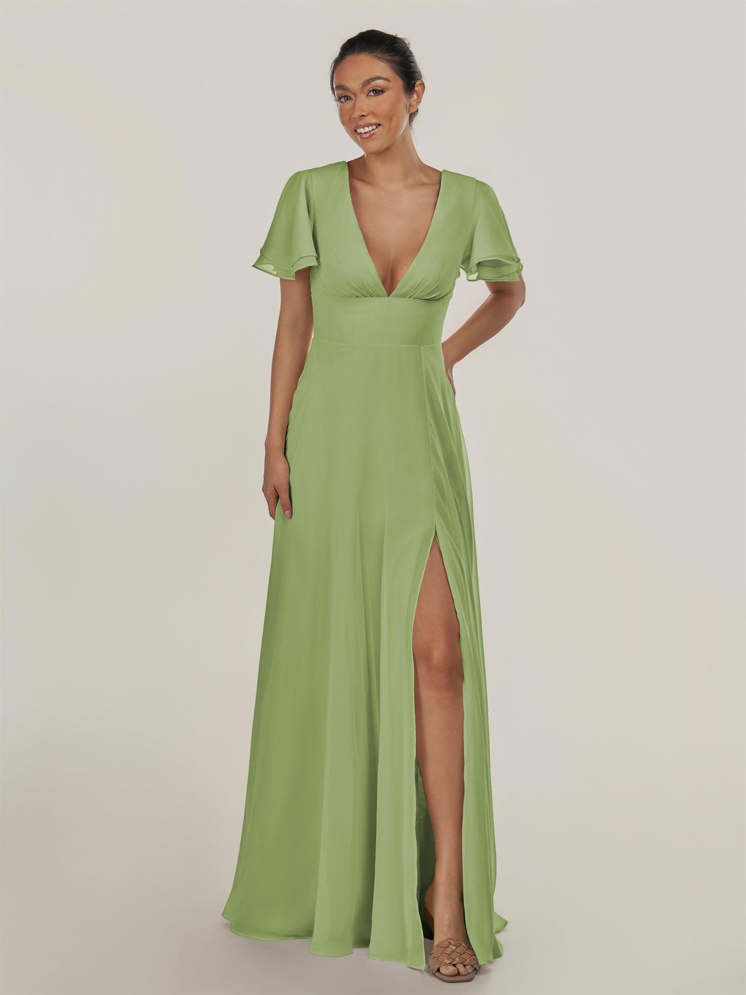 KissDress-Nira Matcha A Line Chiffon Cap Sleeves V Neck Long Bridesmaid Dress with Slit