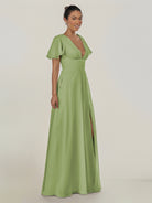 KissDress-Nira Matcha A Line Chiffon Cap Sleeves V Neck Long Bridesmaid Dress with Slit