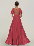 KissDress-Nira Merlot A Line Chiffon Cap Sleeves V Neck Long Bridesmaid Dress with Slit