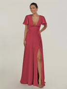 KissDress-Nira Merlot A Line Chiffon Cap Sleeves V Neck Long Bridesmaid Dress with Slit