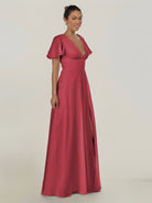 KissDress-Nira Merlot A Line Chiffon Cap Sleeves V Neck Long Bridesmaid Dress with Slit