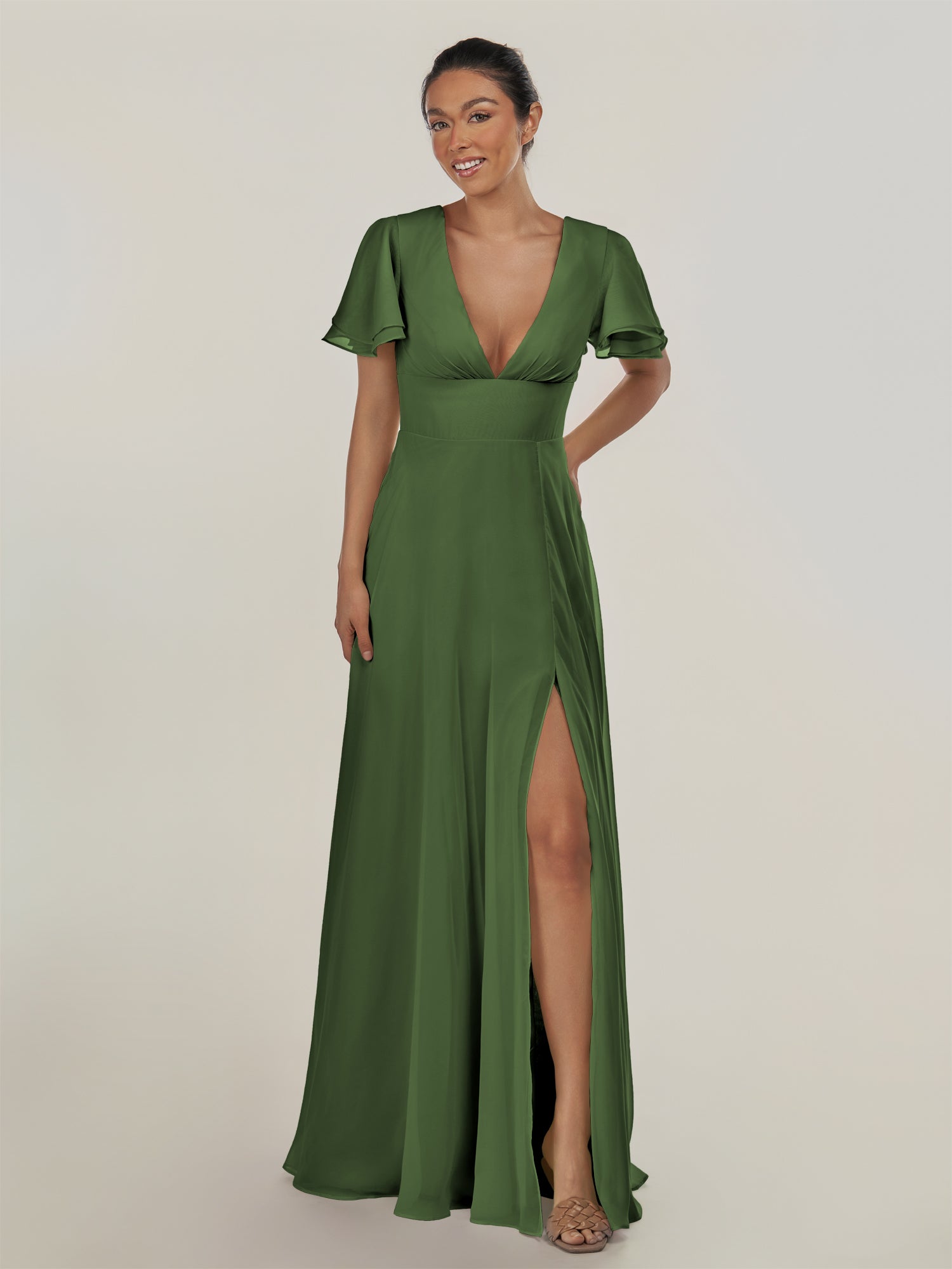 KissDress-Nira Moss A Line Chiffon Cap Sleeves V Neck Long Bridesmaid Dress with Slit