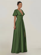 KissDress-Nira Moss A Line Chiffon Cap Sleeves V Neck Long Bridesmaid Dress with Slit