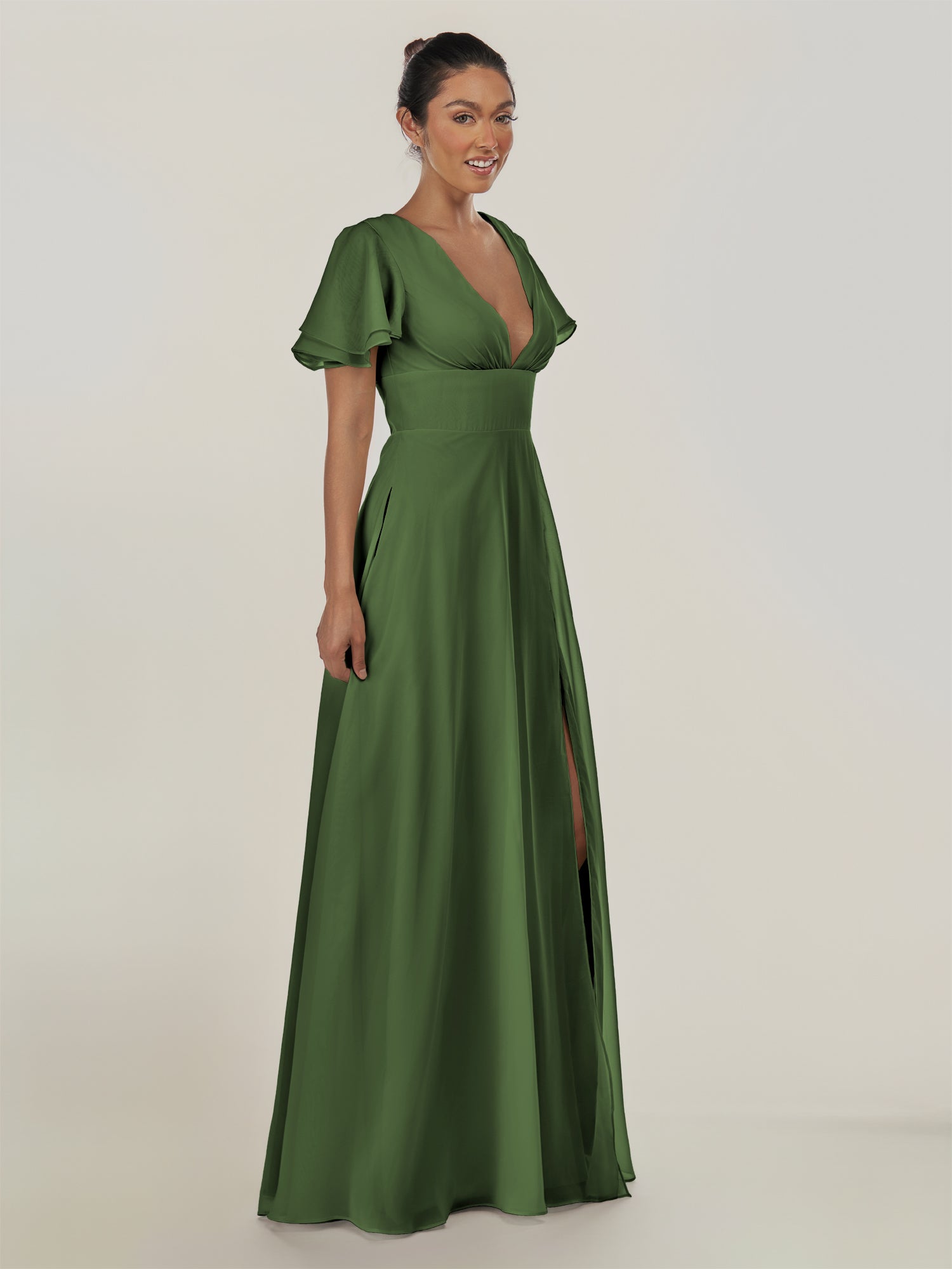 KissDress-Nira Moss A Line Chiffon Cap Sleeves V Neck Long Bridesmaid Dress with Slit