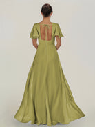 KissDress-Nira Moss Green A Line Chiffon Cap Sleeves V Neck Long Bridesmaid Dress with Slit