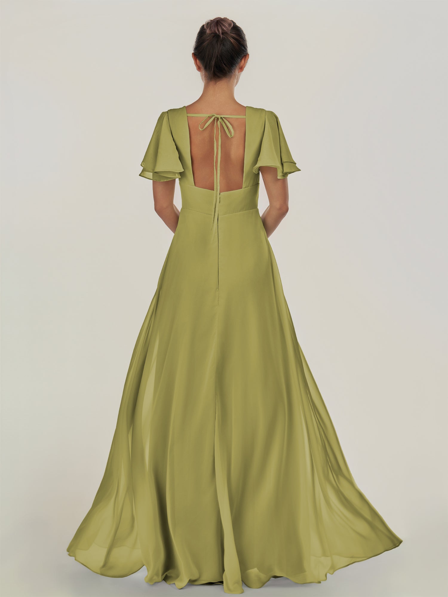 KissDress-Nira Moss Green A Line Chiffon Cap Sleeves V Neck Long Bridesmaid Dress with Slit