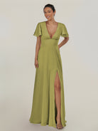 KissDress-Nira Moss Green A Line Chiffon Cap Sleeves V Neck Long Bridesmaid Dress with Slit