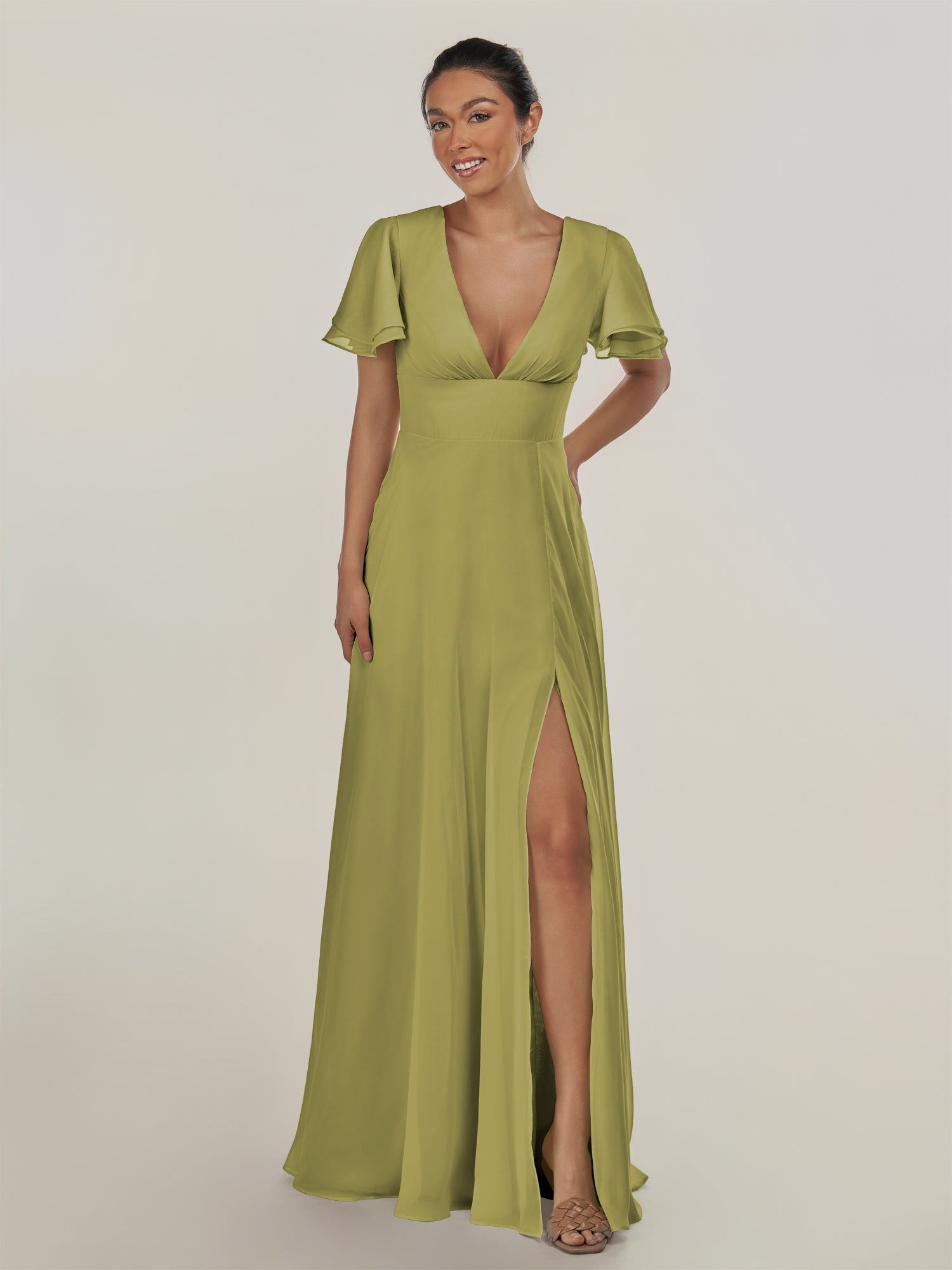KissDress-Nira Moss Green A Line Chiffon Cap Sleeves V Neck Long Bridesmaid Dress with Slit