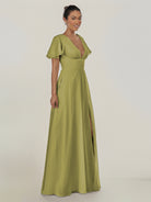 KissDress-Nira Moss Green A Line Chiffon Cap Sleeves V Neck Long Bridesmaid Dress with Slit