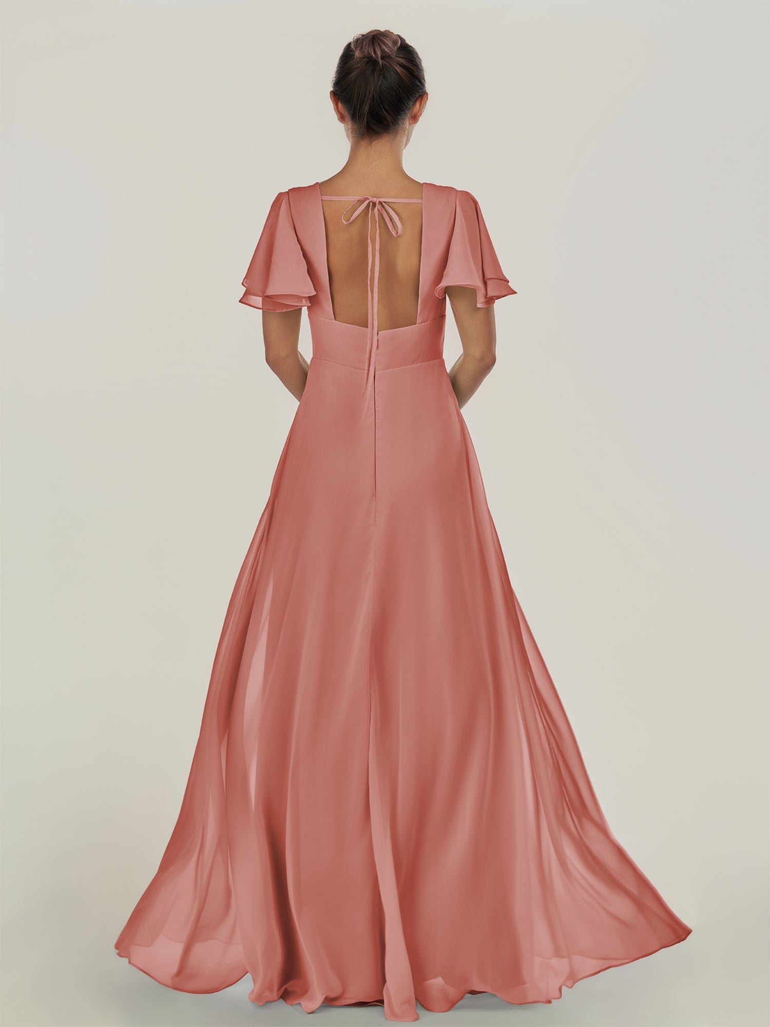 KissDress-Nira Mulberry A Line Chiffon Cap Sleeves V Neck Long Bridesmaid Dress with Slit