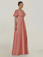KissDress-Nira Mulberry A Line Chiffon Cap Sleeves V Neck Long Bridesmaid Dress with Slit
