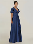 KissDress-Nira Navy A Line Chiffon Cap Sleeves V Neck Long Bridesmaid Dress with Slit