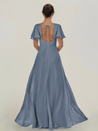 KissDress-Nira Neptune A Line Chiffon Cap Sleeves V Neck Long Bridesmaid Dress with Slit