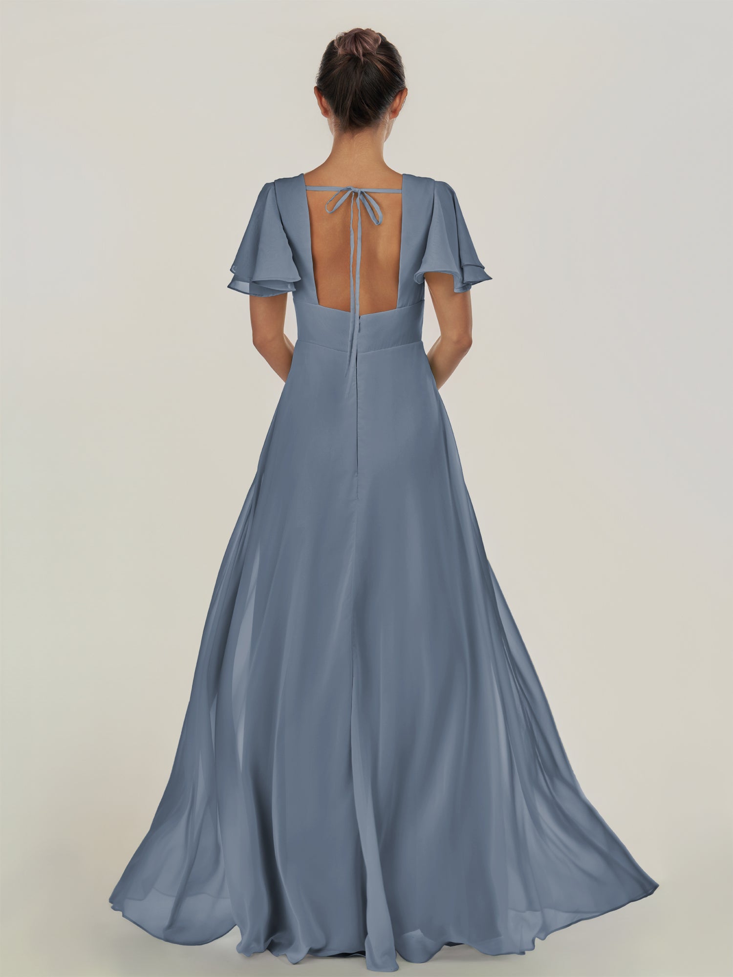 KissDress-Nira Neptune A Line Chiffon Cap Sleeves V Neck Long Bridesmaid Dress with Slit