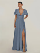 KissDress-Nira Neptune A Line Chiffon Cap Sleeves V Neck Long Bridesmaid Dress with Slit