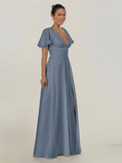 KissDress-Nira Neptune A Line Chiffon Cap Sleeves V Neck Long Bridesmaid Dress with Slit