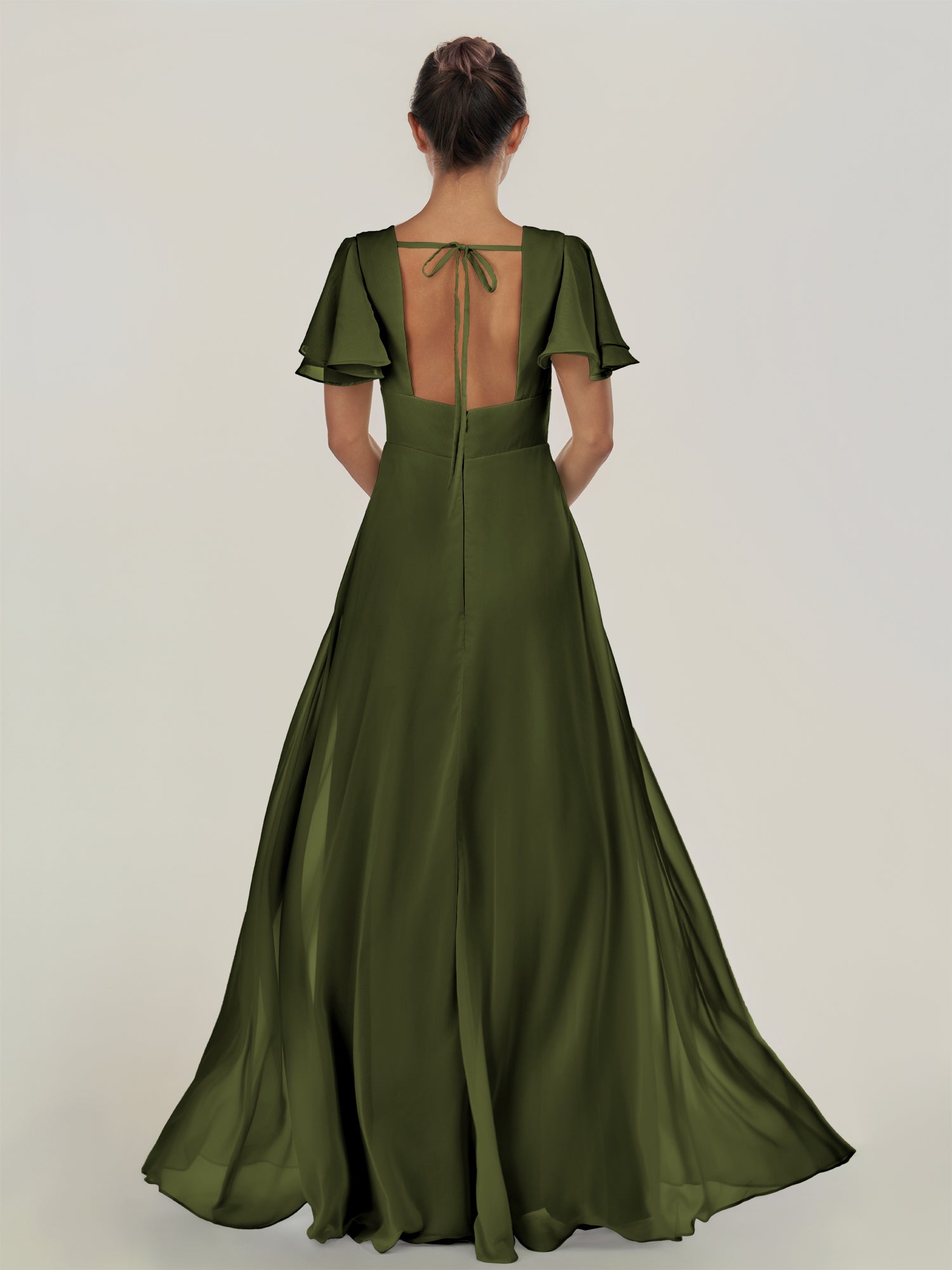 KissDress-Nira Olive A Line Chiffon Cap Sleeves V Neck Long Bridesmaid Dress with Slit