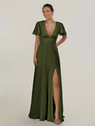 KissDress-Nira Olive A Line Chiffon Cap Sleeves V Neck Long Bridesmaid Dress with Slit