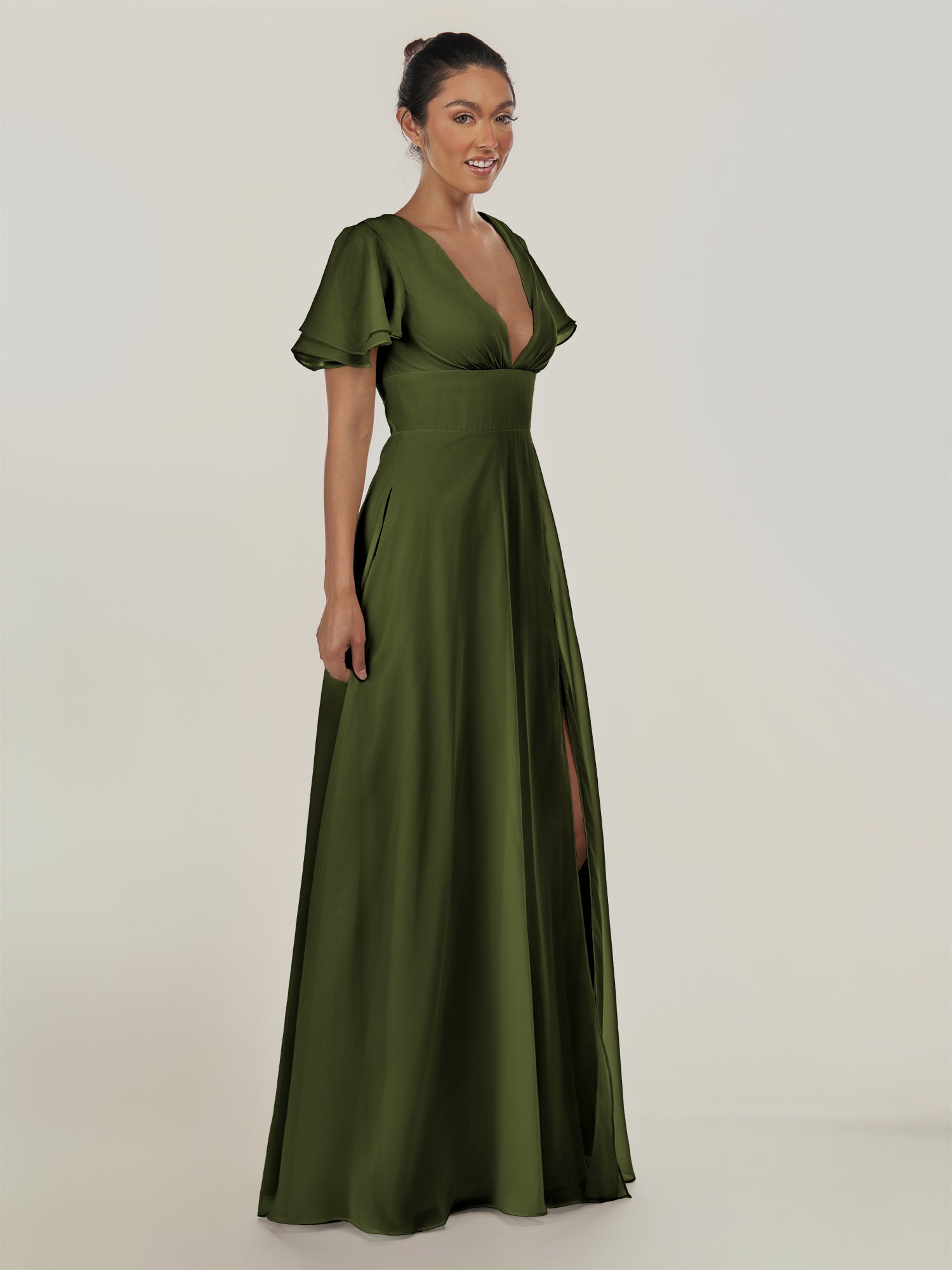 KissDress-Nira Olive A Line Chiffon Cap Sleeves V Neck Long Bridesmaid Dress with Slit