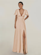 KissDress-Nira Pale Blush A Line Chiffon Cap Sleeves V Neck Long Bridesmaid Dress with Slit