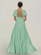 KissDress-Nira Pale Pistachio A Line Chiffon Cap Sleeves V Neck Long Bridesmaid Dress with Slit