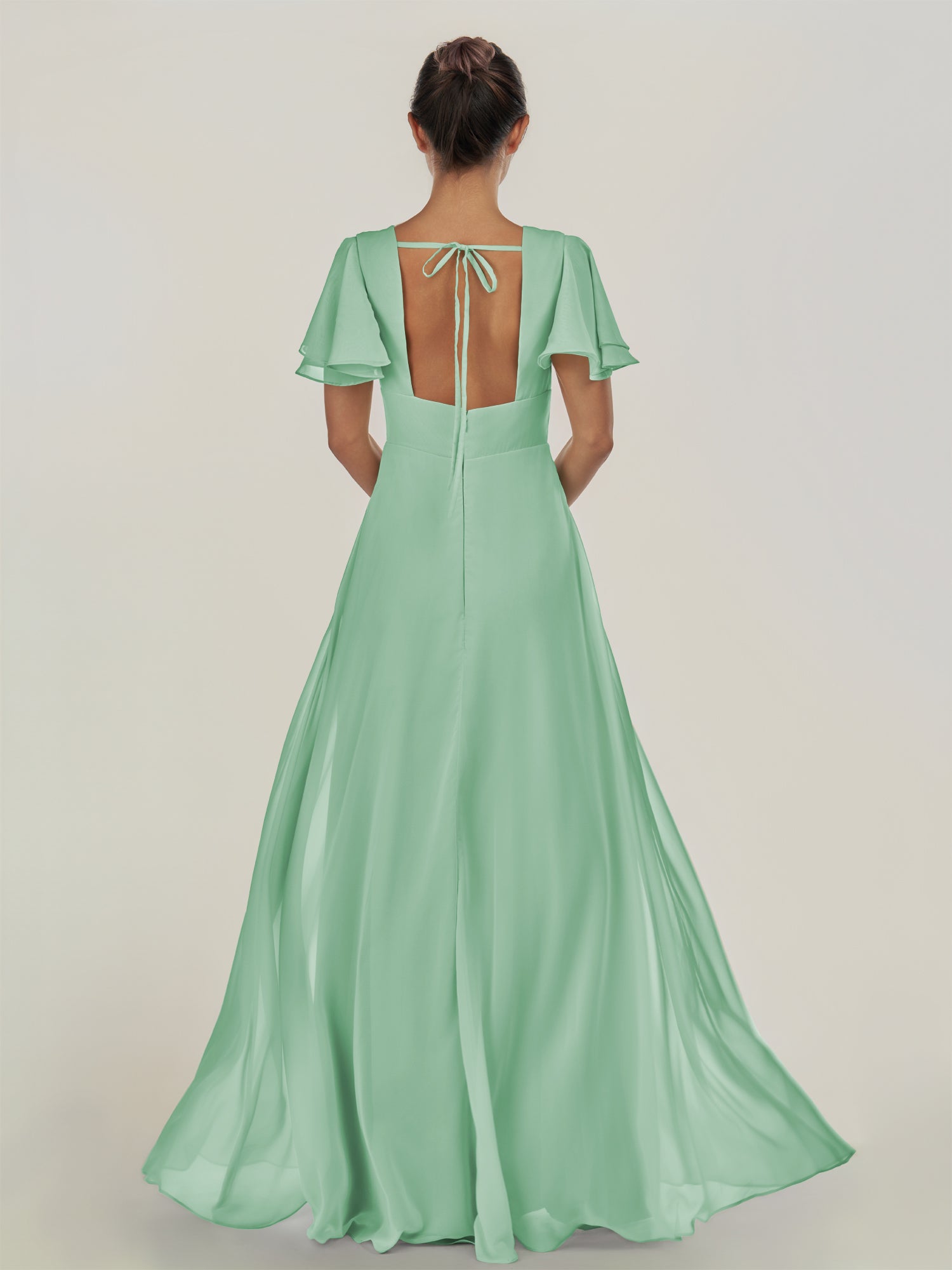 KissDress-Nira Pale Pistachio A Line Chiffon Cap Sleeves V Neck Long Bridesmaid Dress with Slit