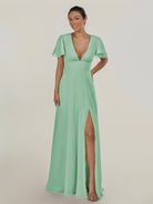 KissDress-Nira Pale Pistachio A Line Chiffon Cap Sleeves V Neck Long Bridesmaid Dress with Slit