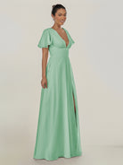 KissDress-Nira Pale Pistachio A Line Chiffon Cap Sleeves V Neck Long Bridesmaid Dress with Slit