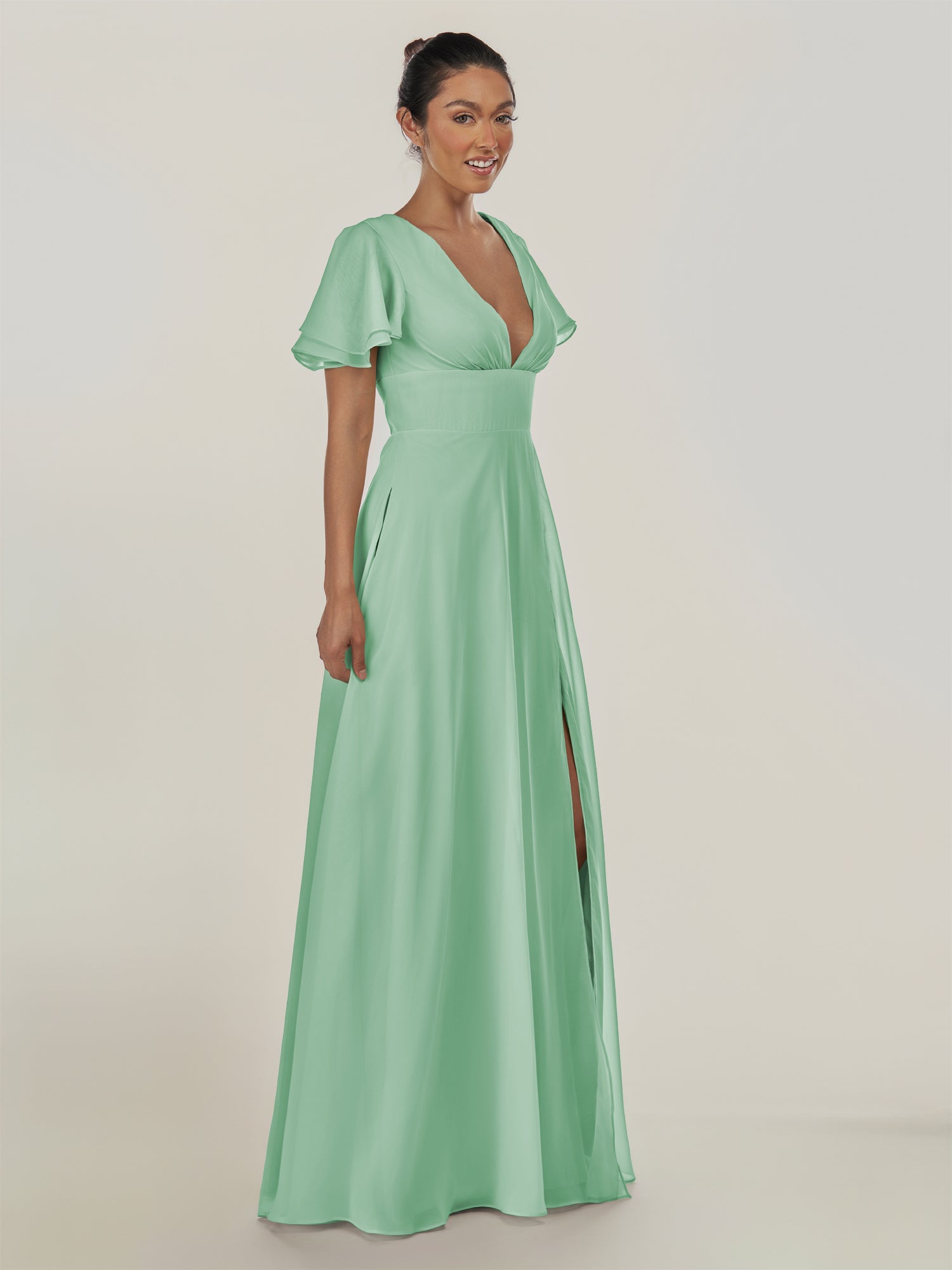 KissDress-Nira Pale Pistachio A Line Chiffon Cap Sleeves V Neck Long Bridesmaid Dress with Slit