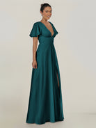 KissDress-Nira Pine A Line Chiffon Cap Sleeves V Neck Long Bridesmaid Dress with Slit