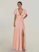 KissDress-Nira Rose Petal A Line Chiffon Cap Sleeves V Neck Long Bridesmaid Dress with Slit