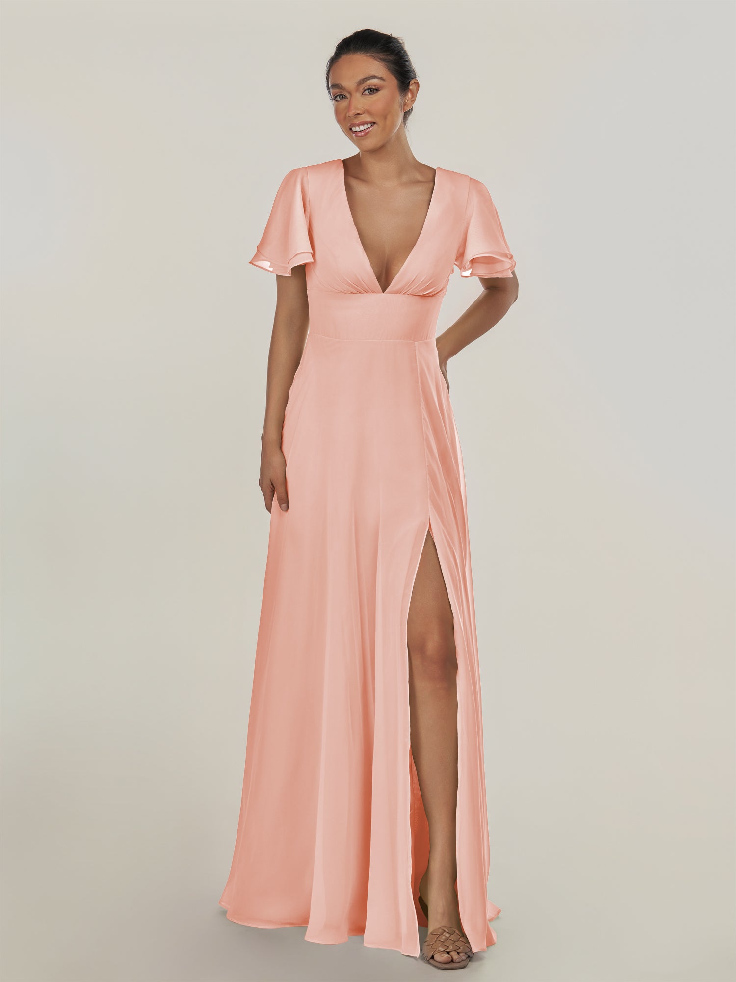 KissDress-Nira Rose Petal A Line Chiffon Cap Sleeves V Neck Long Bridesmaid Dress with Slit