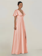 KissDress-Nira Rose Petal A Line Chiffon Cap Sleeves V Neck Long Bridesmaid Dress with Slit