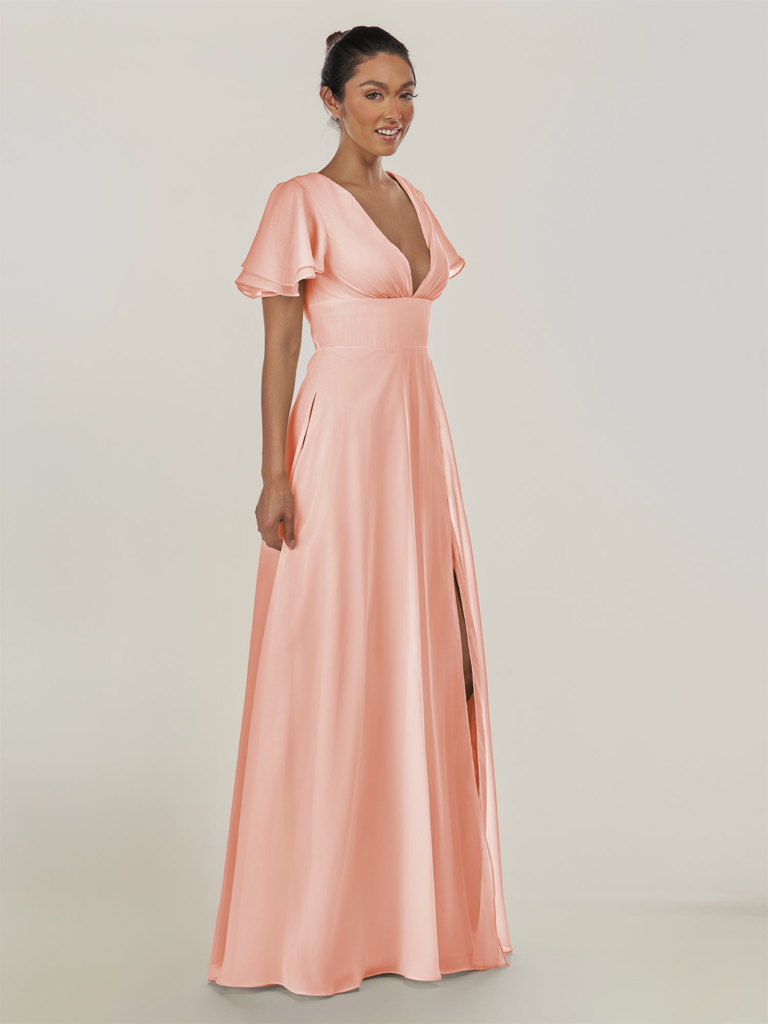 KissDress-Nira Rose Petal A Line Chiffon Cap Sleeves V Neck Long Bridesmaid Dress with Slit