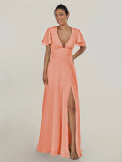 KissDress-Nira Rosette A Line Chiffon Cap Sleeves V Neck Long Bridesmaid Dress with Slit